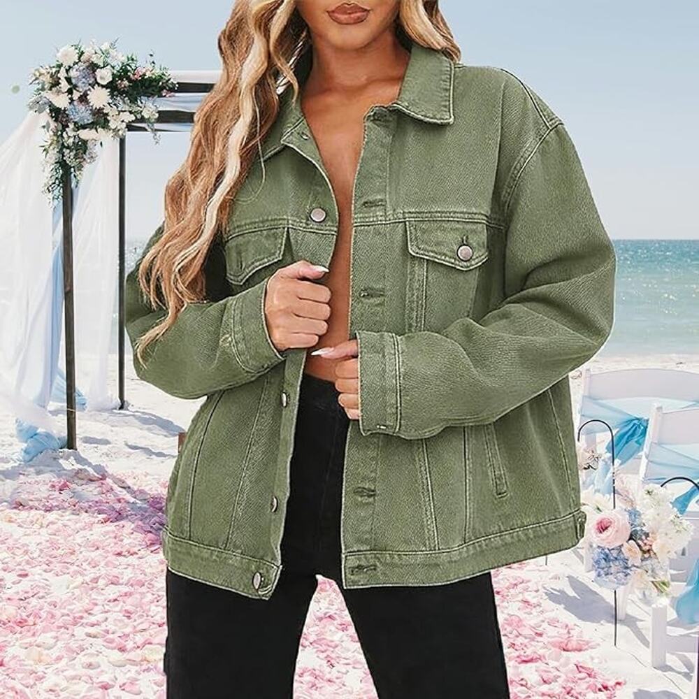 CHBAZH Denim Jacket for Women Distressed Long Sleeve Jean Jackets XLarge Green